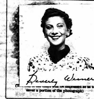 Small photograph of a smiling young woman with dark wavy hair in a patterned blouse, signed Beverly Weiner