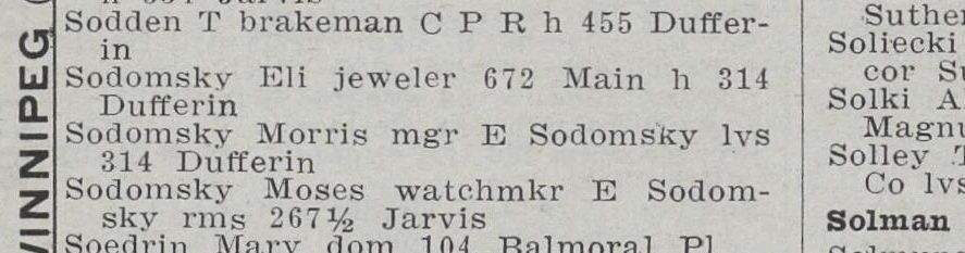 Directory entries: Sodomsky Eli jeweler 672 Main h 314 Dufferin; Morris mgr; Moses watchmaker