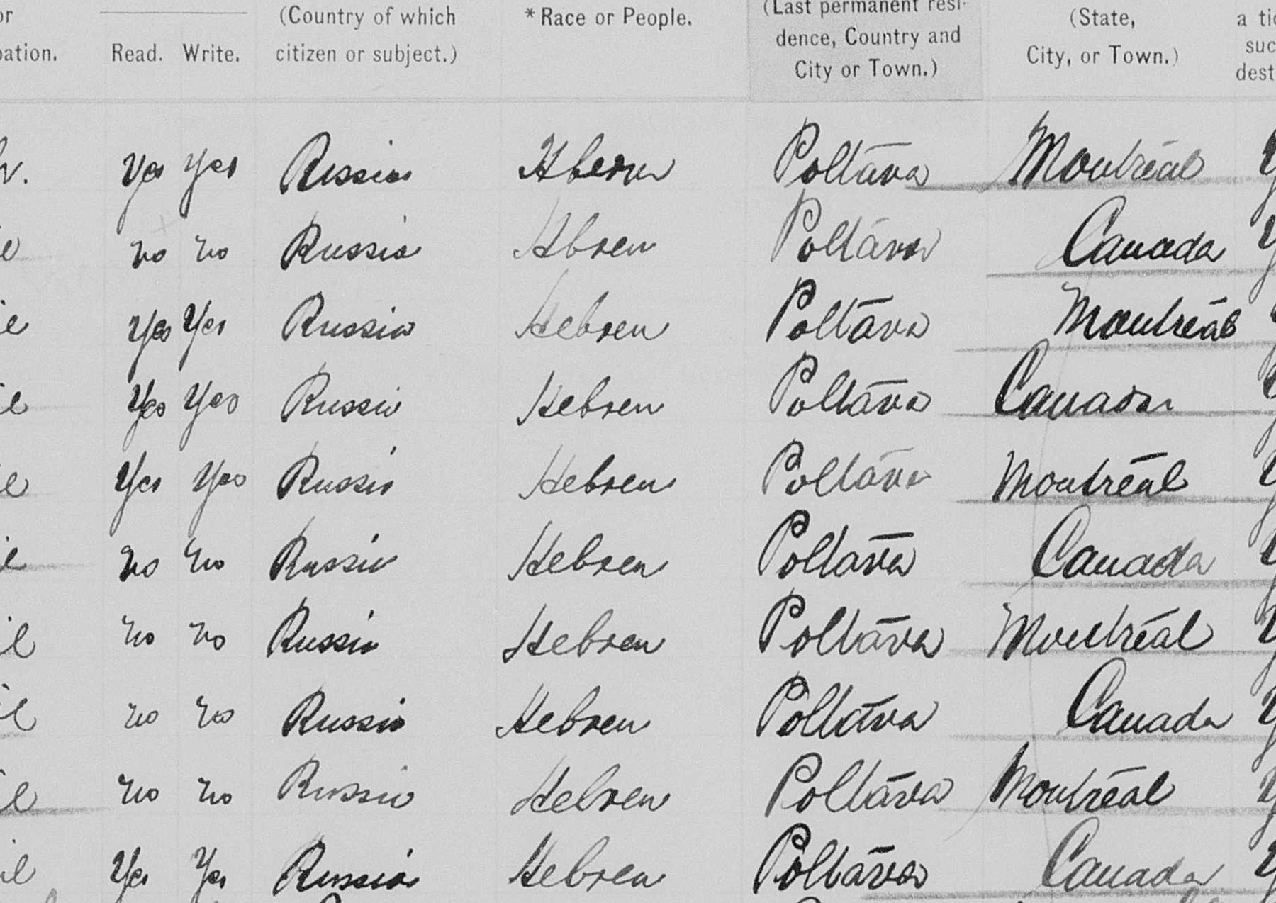 The same lines showing Russia, Hebrew, Poltava repeated